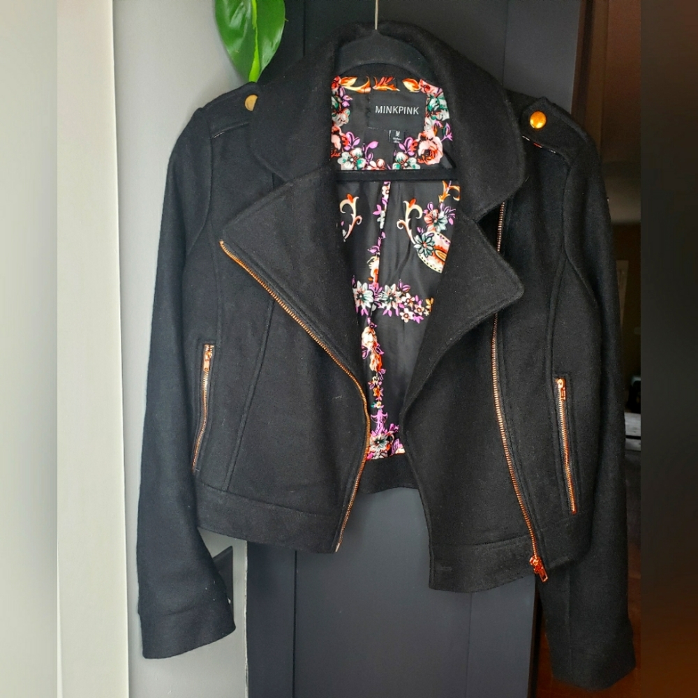 Mink pink moto style thick wool like black jacket rose gold hardware siz…